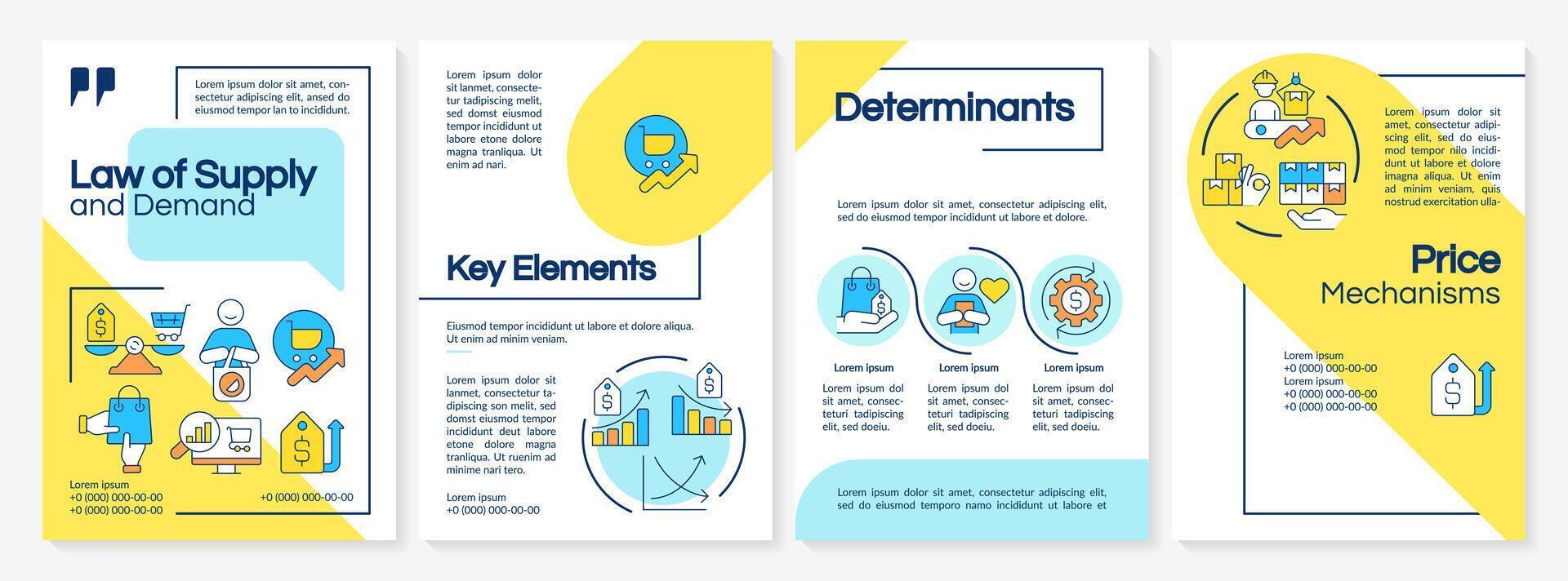 Markt Wirtschaft Determinanten Blau und Gelb Broschüre Vorlage. Flugblatt Design mit linear Symbole. editierbar 4 Vektor Layouts zum Präsentation, jährlich Berichte