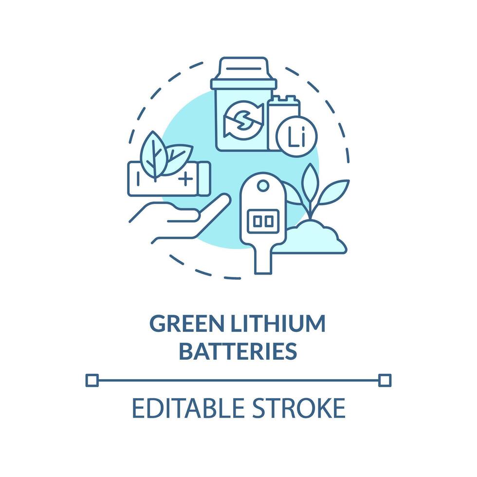 grön litium batterier mjuk blå begrepp ikon. miljömässigt vänlig teknologi. avfall minskning, avkolning. runda form linje illustration. abstrakt aning. grafisk design. lätt till använda sig av vektor