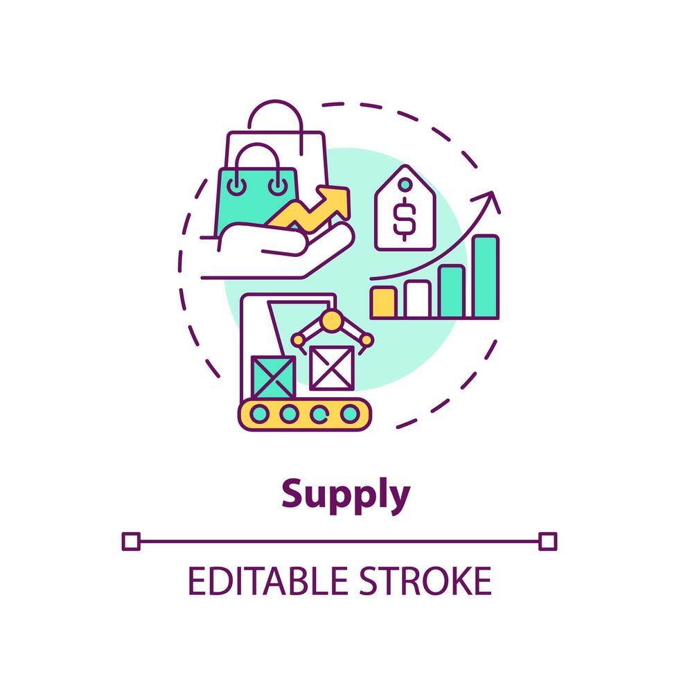 liefern multi Farbe Konzept Symbol. gesamt Menge von Gut, Bedienung verfügbar zu Verbraucher. höher Preise. runden gestalten Linie Illustration. abstrakt Idee. Grafik Design. einfach zu verwenden im Broschüre Marketing vektor