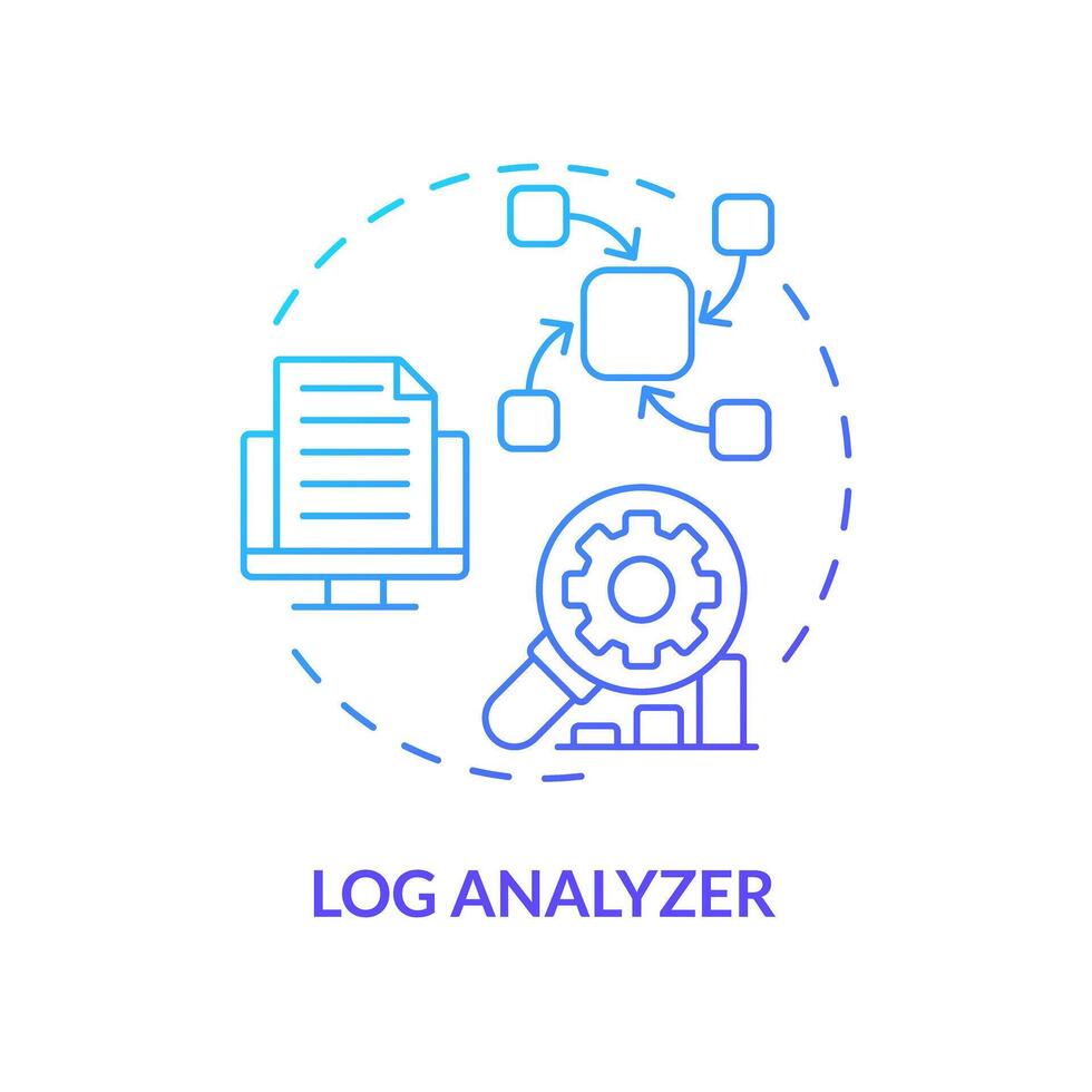 Log Analysator Blau Gradient Konzept Symbol. Server Wartung, Fehlerbehebung. Performance Überwachung, Digital Verfolgung. runden gestalten Linie Illustration. abstrakt Idee. Grafik Design. einfach zu verwenden vektor