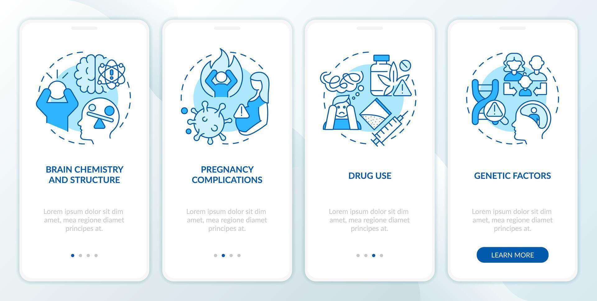 schizofreni orsaker blå onboarding mobil app skärm. risk faktorer. genomgång 4 steg redigerbar grafisk instruktioner med linjär begrepp. ui, ux, gui mall vektor
