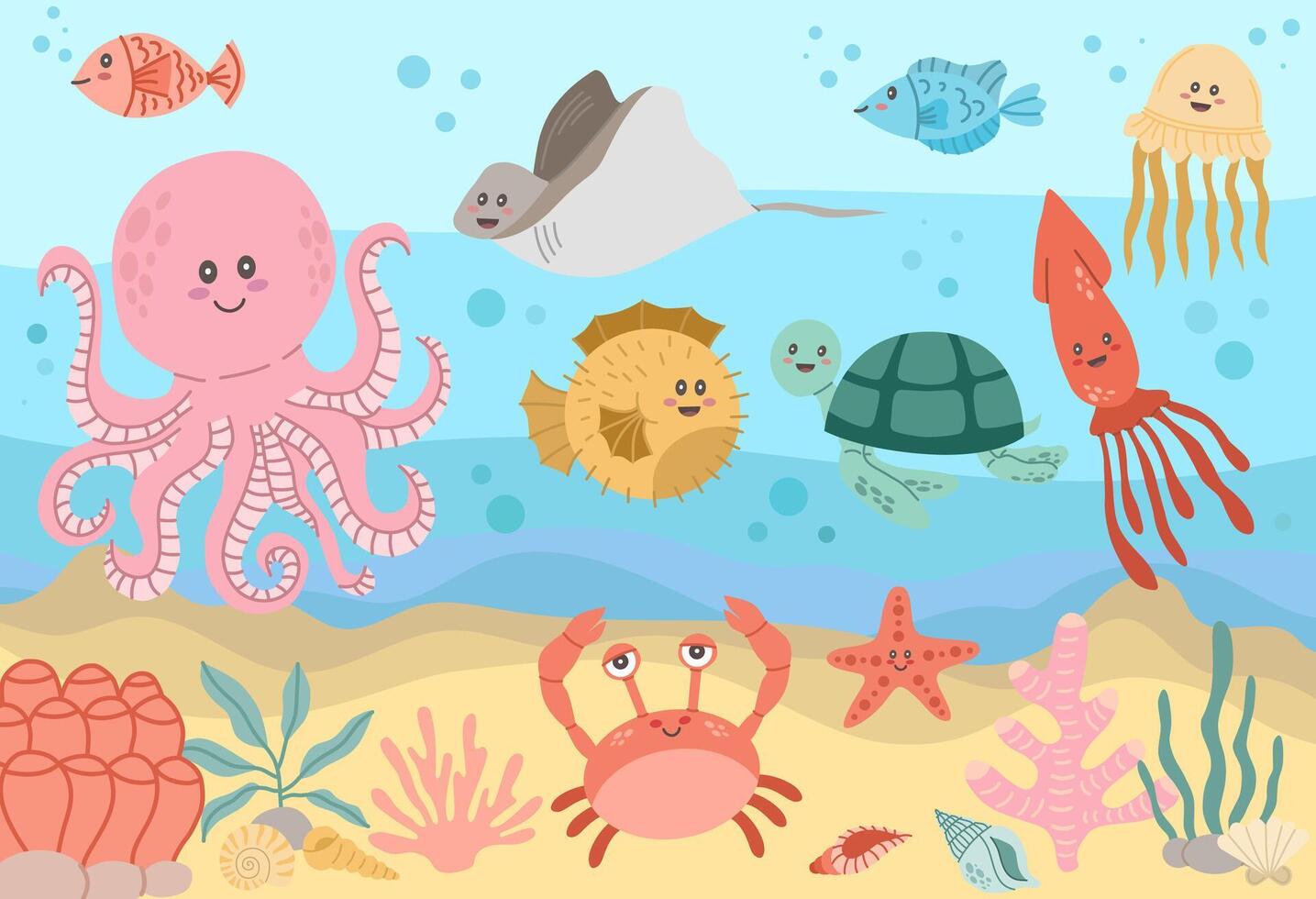 Meer Tiere im ein Seelandschaft mit Korallen und Sand. Krake, Schildkröte, Qualle, Fisch, Stachelrochen und andere Tiere. Vektor eben Stil Illustration