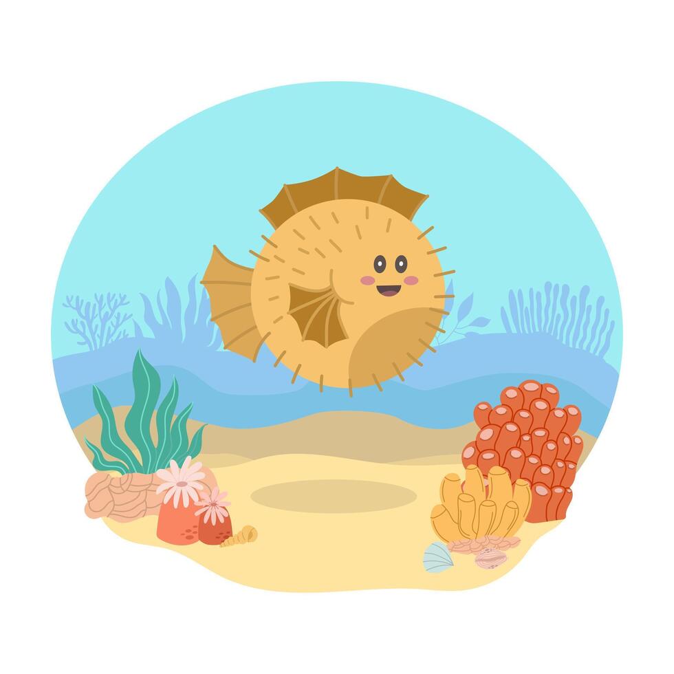 Igel Fisch Meer Tier gegen das Hintergrund von ein Meer oder Ozean Landschaft. Vektor Illustration