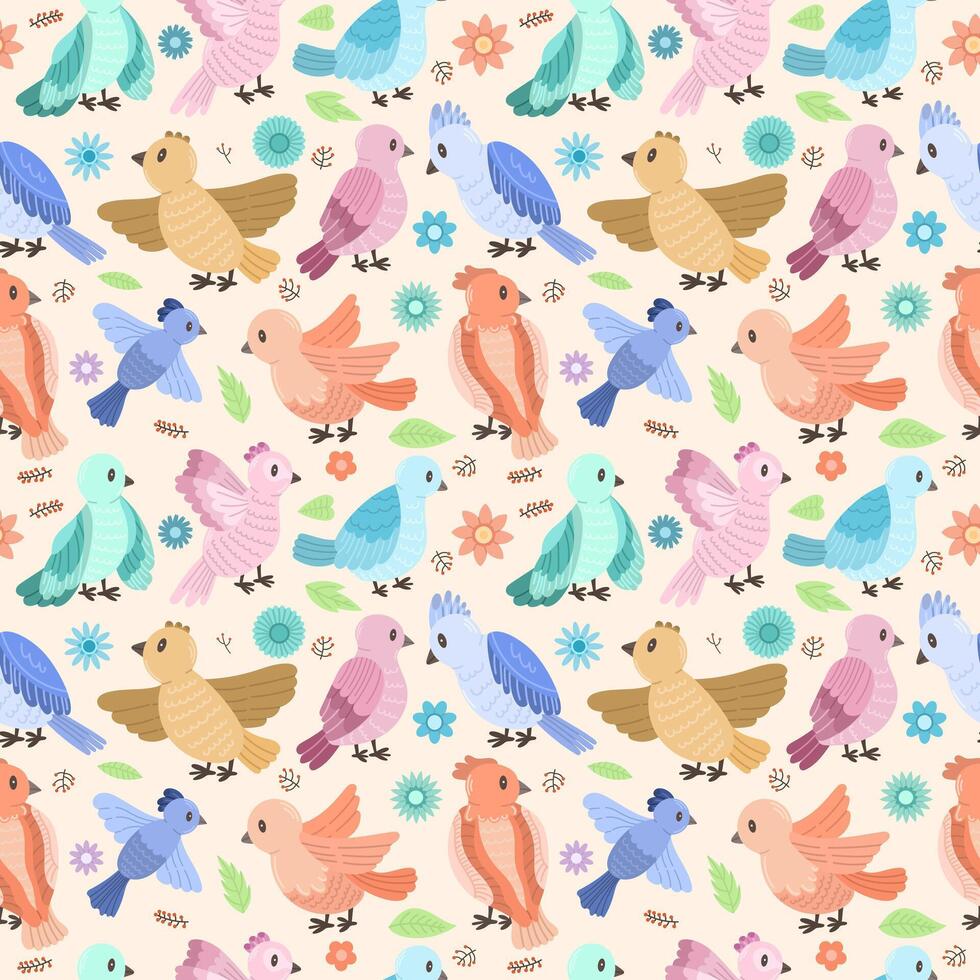 nahtlos Muster mit bunt Vögel, Blumen und Blätter auf ein farbig Hintergrund. süß Vögel modern eben Design vektor