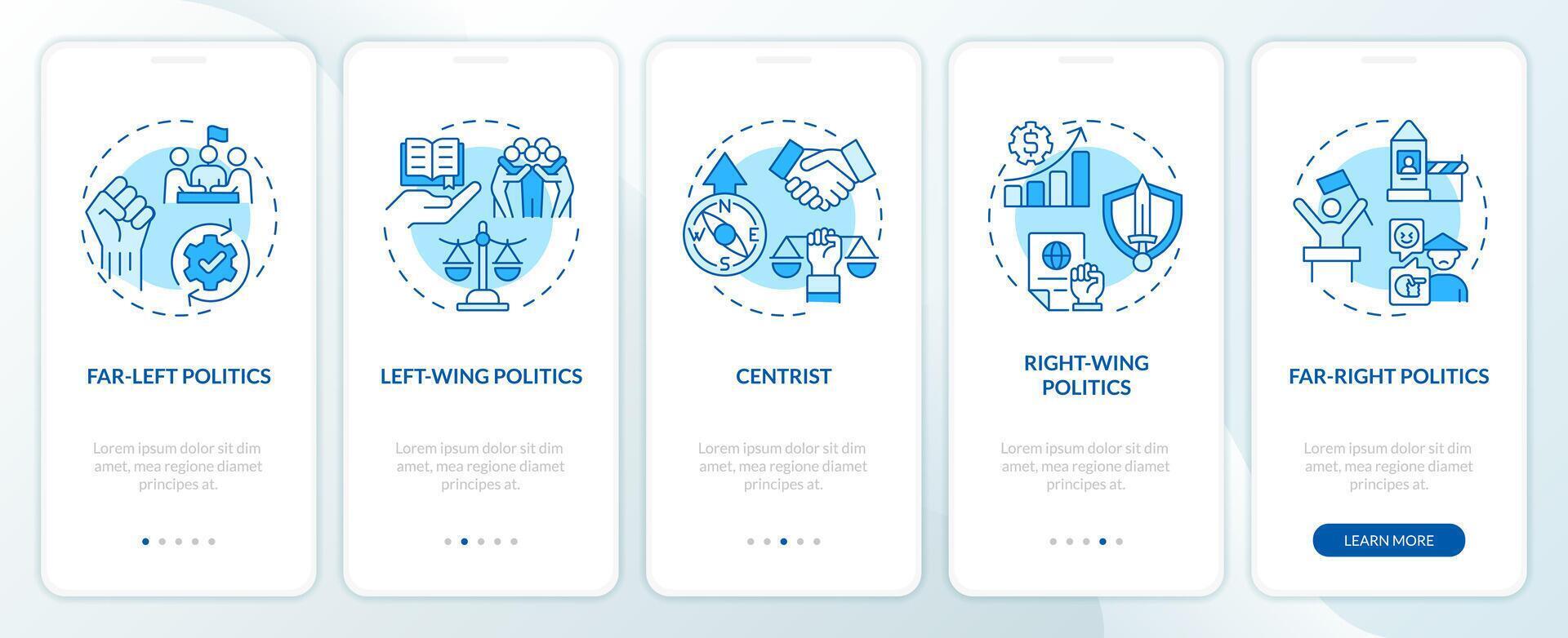 politisch Polarisation Blau Onboarding Handy, Mobiltelefon App Bildschirm. Komplettlösung 5 Schritte editierbar Grafik Anleitung mit linear Konzepte. ui, ux, gui Vorlage vektor