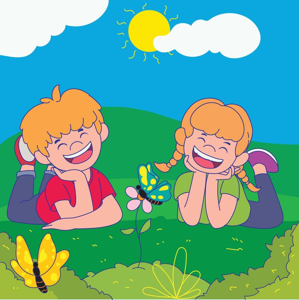 zwei Kinder, ein Junge und ein Mädchen wurden Lachen glücklich Sehen ein Schmetterling Landung auf ein Blume. Vektor Illustration