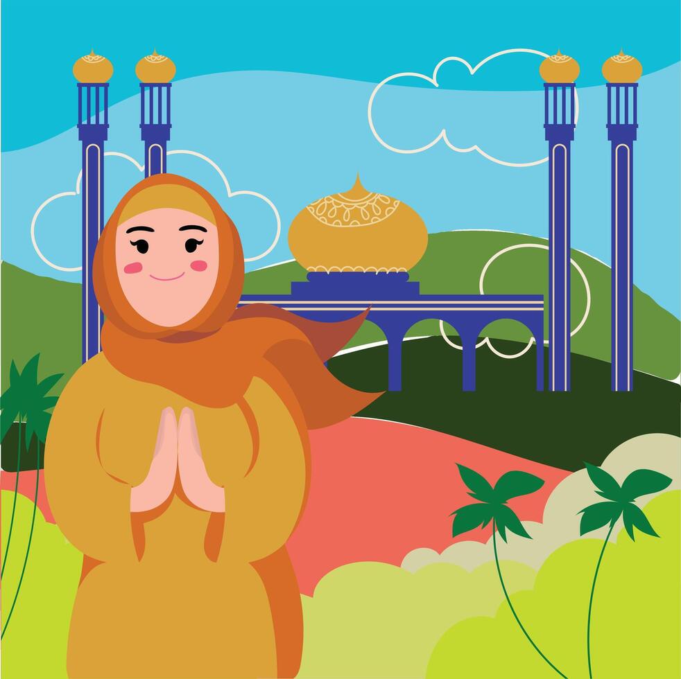 ramadan vektor illustration, flicka ger hälsningar med moské bakgrund.