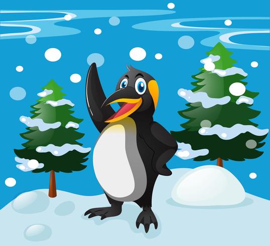 Söt pingvin som står på snöfältet vektor