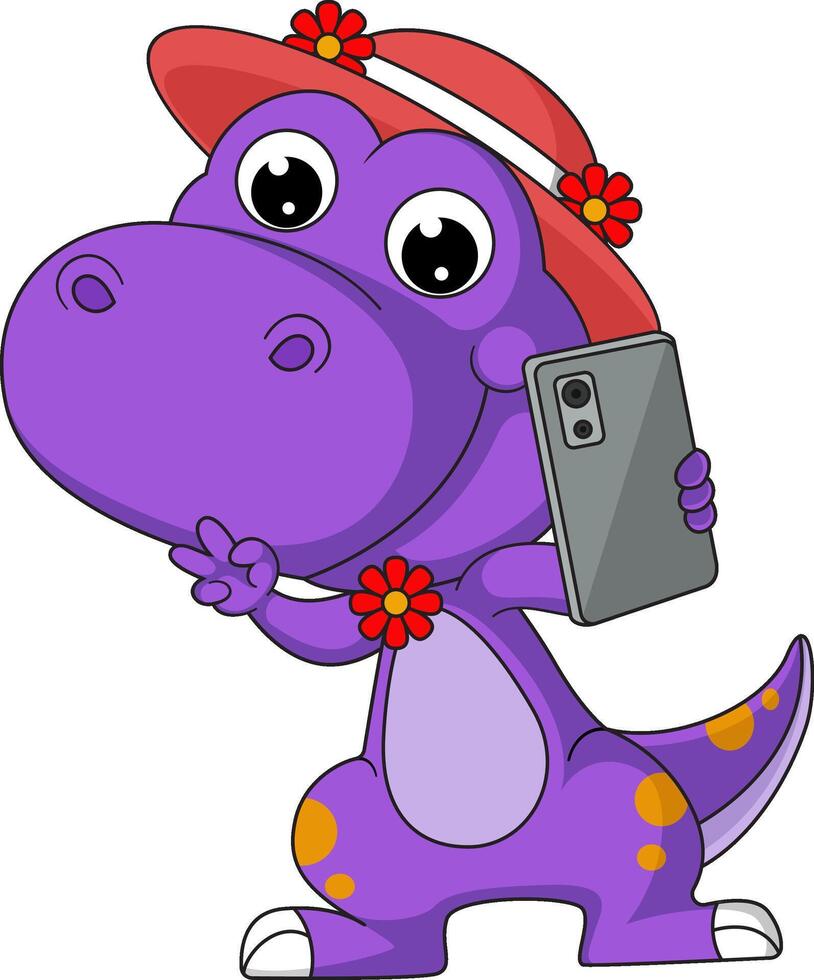 söt liten dinosaurie tecknad serie tar selfie med telefon vektor