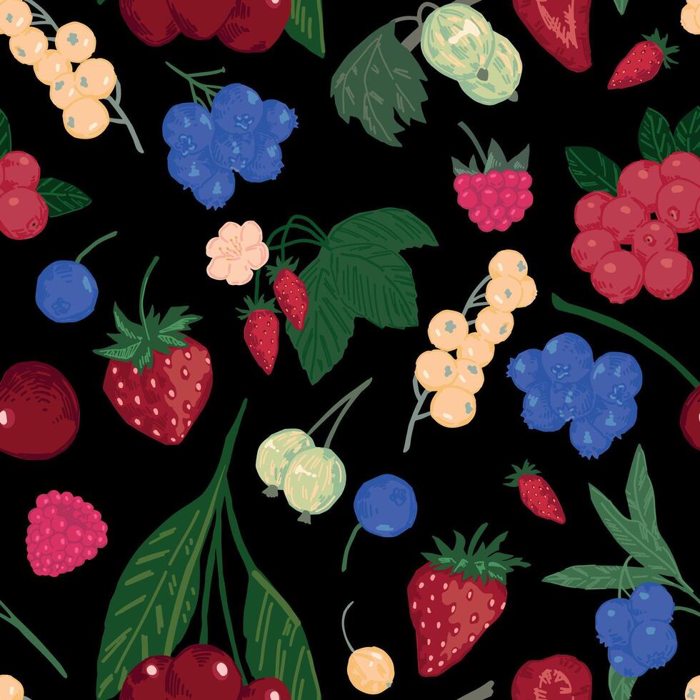 sömlös mönster av annorlunda bär. sommar frukt bär prydnad. tecknad serie platt vektor illustration. färsk abstrakt design.