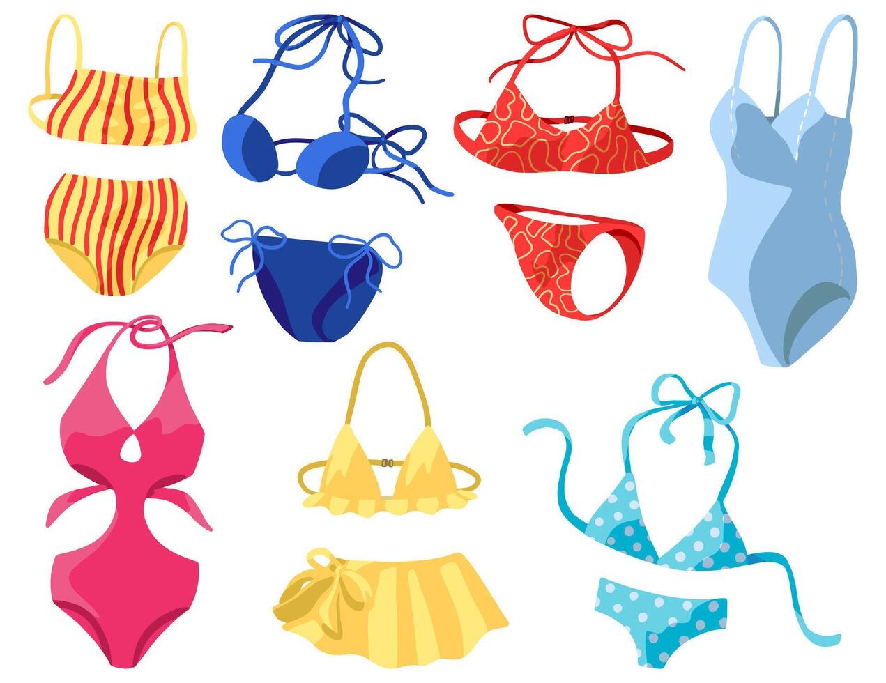 kvinnor baddräkter, bikini, en bit badkläder. samling av hand dragen vektor illustrationer. färgrik tecknad serie cliparts isolerat på vit. element för design, skriva ut, dekor, kort, klistermärke, baner, slå in