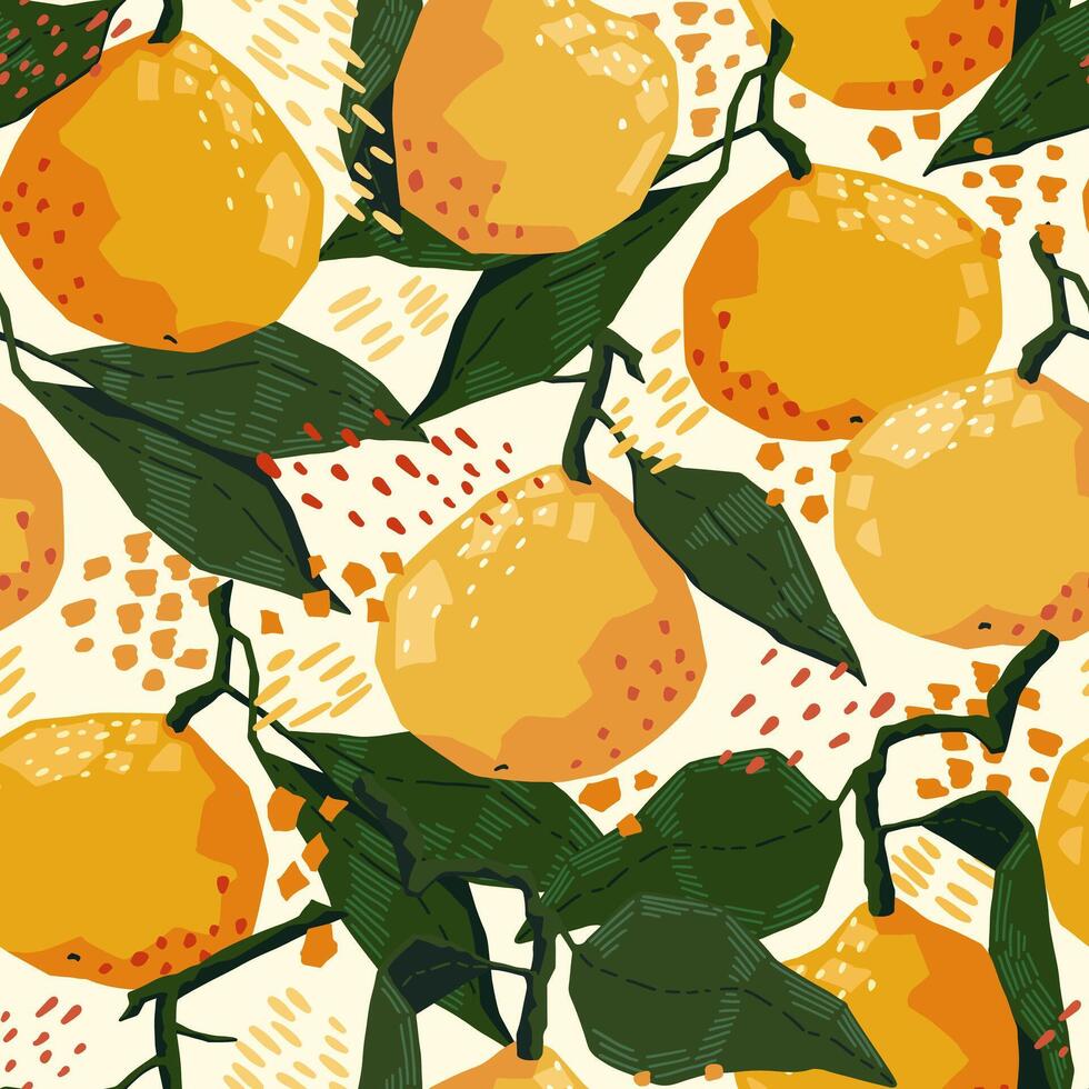 sömlös mönster av mandariner i modern geometrisk stil. vektor illustration av citrus- frukter. mandarin apelsiner abstrakt prydnad.