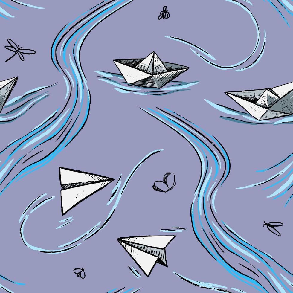 prydnad av origami siffror. dekorativ bakgrund med papper plan och båtar skisser. abstrakt kreativ vektor sömlös mönster.