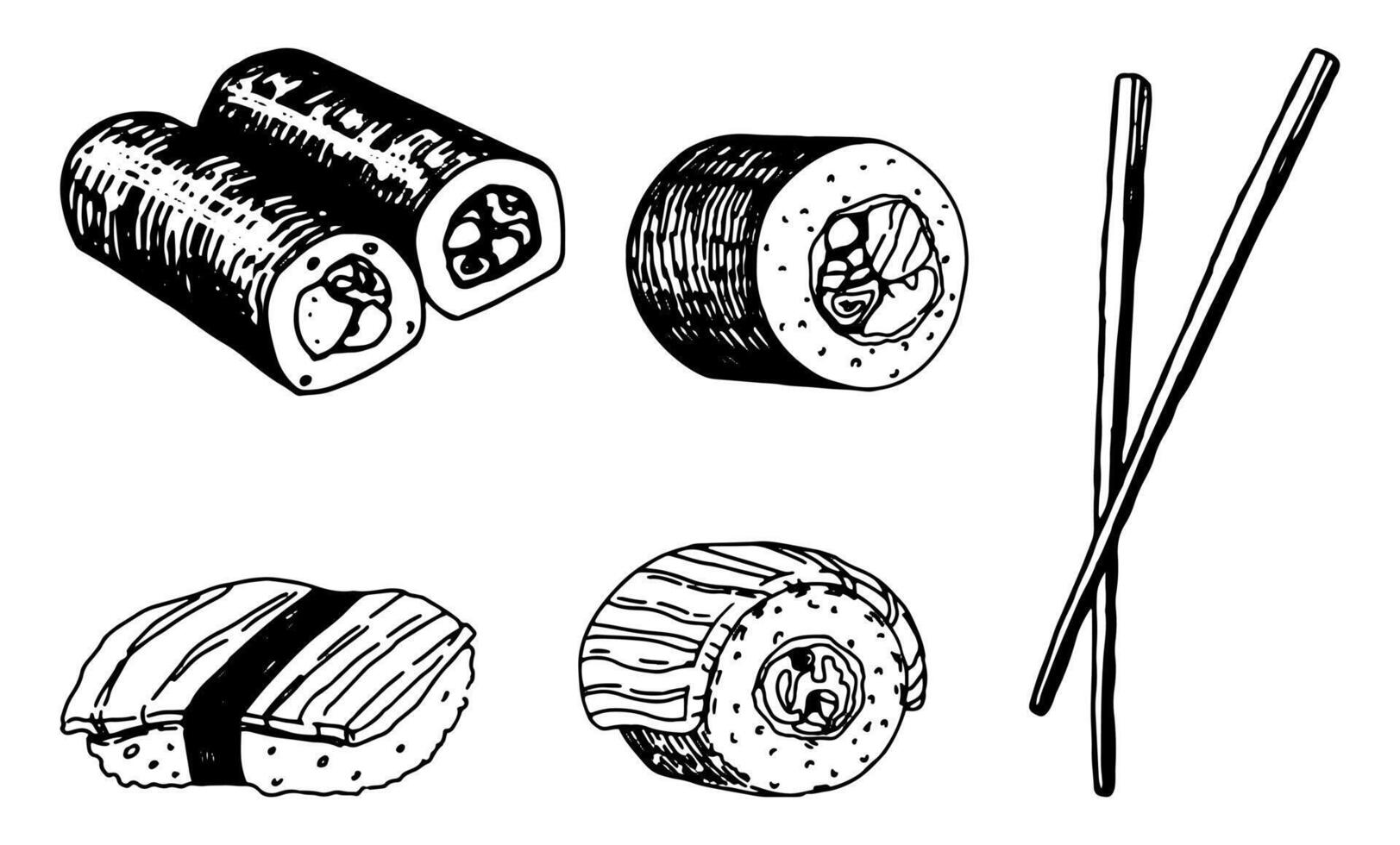 uppsättning av sushi och rullar skisser. samling av asiatisk snabb mat. hand dragen vektor illustration i retro stil. översikt cliparts isolerat på vit bakgrund.