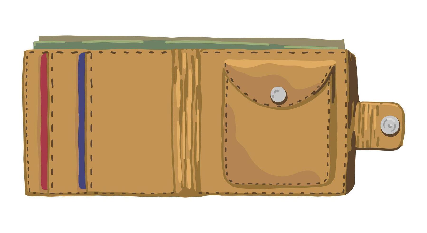 plånbok klotter. vektor illustration av handväska, ficka hållare för pengar, plast kort, mynt. tecknad serie ClipArt isolerat på vit bakgrund.