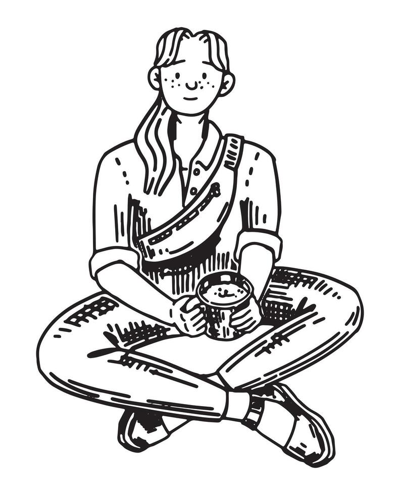 Reisender skizzieren, Tourist Clip Art. Gekritzel von ein jung Frau sitzt mit ein Tasse im ihr Hand. Hand gezeichnet Vektor Illustration im Gravur Stil.