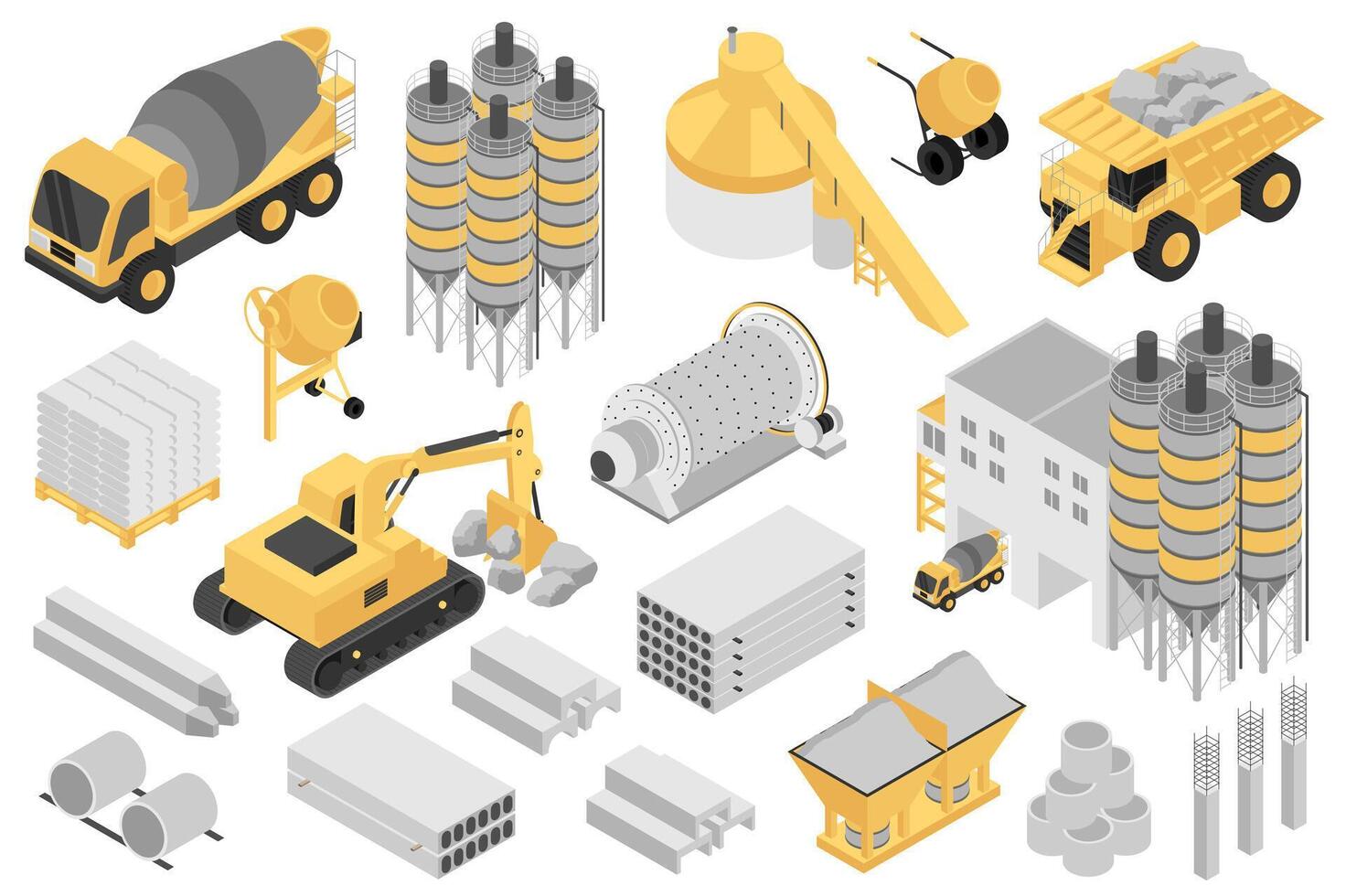 cement tillverkning isometrisk element konstruktör mega uppsättning. skapare utrustning med platt grafisk betong blandare, maskineri, plattor, block lugg, fabrik byggnader. vektor illustration i 3d isometri design