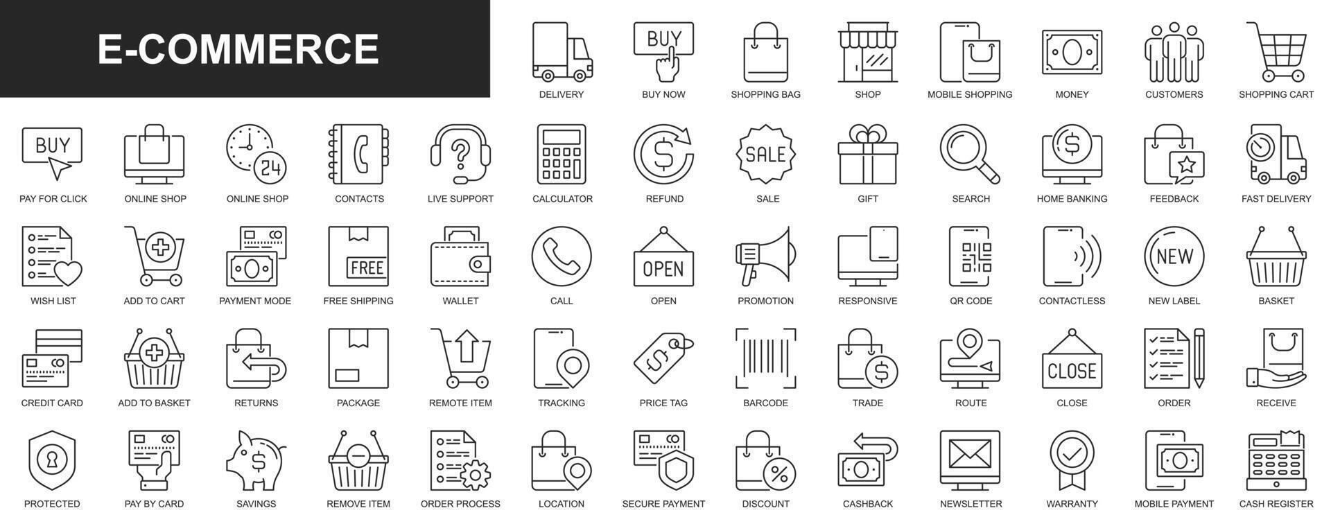 E-Commerce Netz Symbole einstellen im dünn Linie Design. Pack von Handy, Mobiltelefon Einkaufen, Lieferung, Zahlung, Rückmeldung, hinzufügen zu Wagen, Wunsch Liste, Erstattung, Verkauf, Verfolgung Paket und andere. Vektor Gliederung Schlaganfall Piktogramme