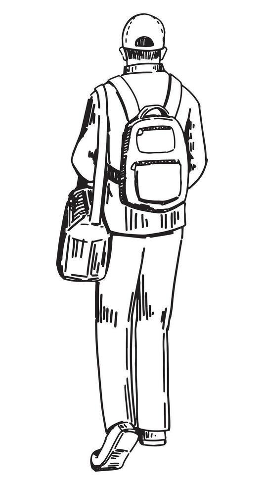 Reisender skizzieren, Tourist Clip Art. Gekritzel von Mann Gehen mit ein Tasche, Rucksack. Hand gezeichnet Vektor Illustration im Gravur Stil.