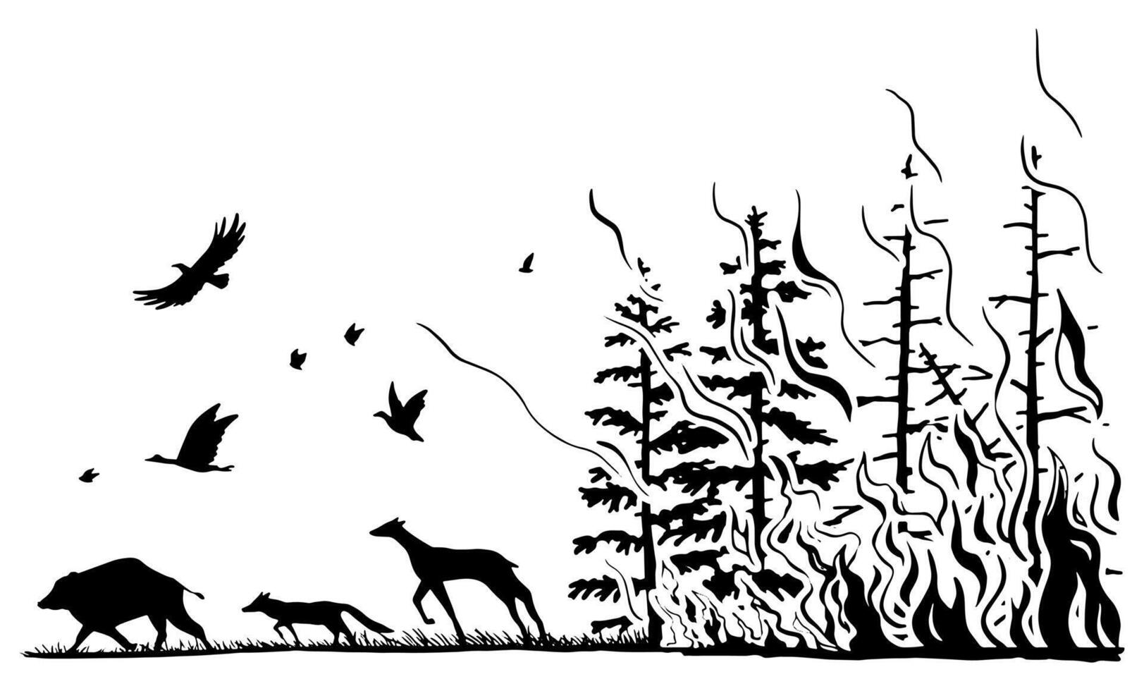 Nadelbaum Wald auf Feuer und Silhouetten von wild Tiere. Reh, wild Eber, Fuchs, Vögel fliehen von das Lauffeuer. Hand gezeichnet Grafik Vektor Illustration von Wald Feuer. schwarz Zeichnung isoliert auf Weiß