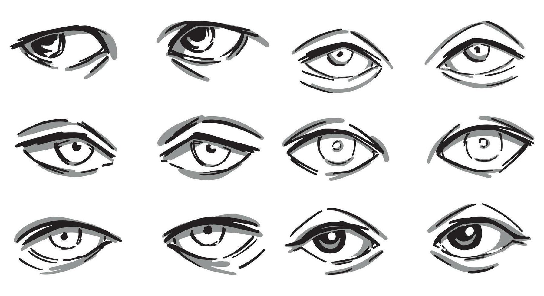 einstellen von Mensch Augen einfarbig abstrakt Skizzen. Augen Paare Hand gezeichnet Vektor Illustration isoliert auf Weiß.