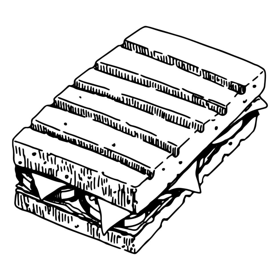 Sandwich skizzieren. Hand gezeichnet Vektor Illustration im retro Stil. Single schnell Essen Gekritzel. Gliederung Clip Art isoliert auf Weiß Hintergrund.