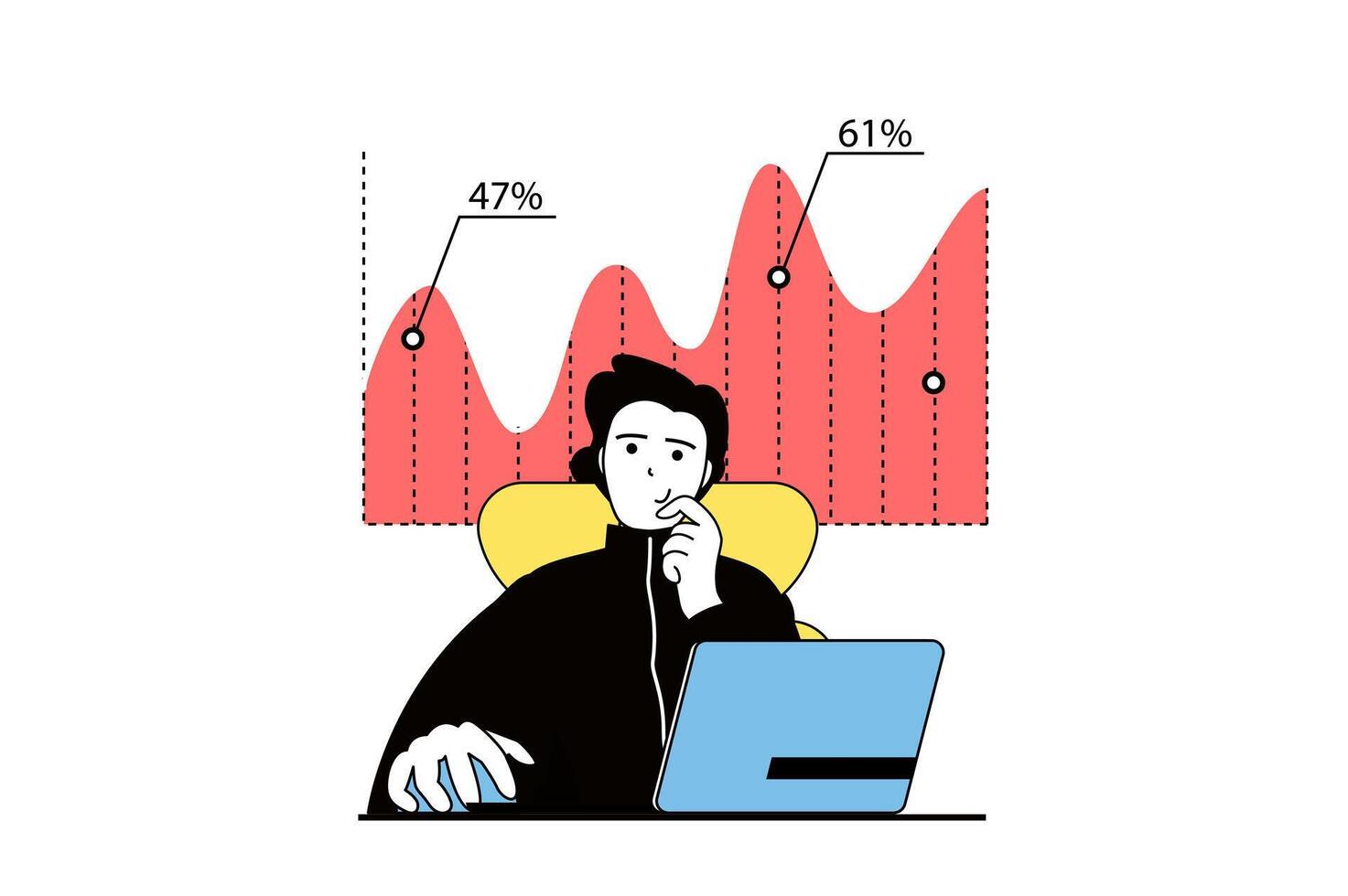 Digital Geschäft Konzept mit Menschen Szene im eben Netz Design. Mann Analysieren Daten Grafiken, erhöht sich Der Umsatz Statistiken von E-Business. Vektor Illustration zum Sozial Medien Banner, Marketing Material.