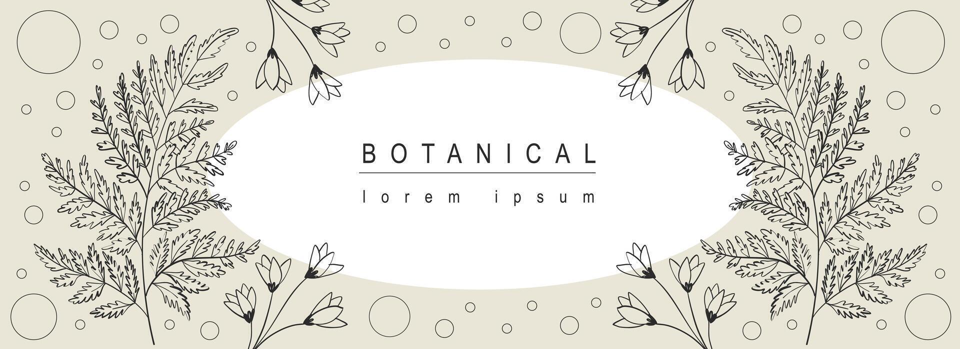 botanisch abstrakt Hintergrund mit Blumen- Linie Kunst Design. horizontal Netz Banner mit Vignettierung Kreis Rahmen Komposition von Frühling Blühen Wildblumen und Zweige mit Blätter. Vektor Illustration.