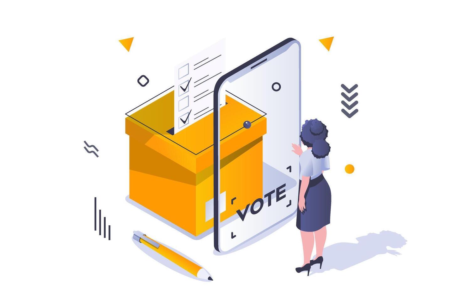 val och röstning begrepp i 3d isometrisk design. kvinna väljare väljer politisk kandidat och sätta bock på elektronisk valsedel st skärm. vektor illustration med isometrisk människor scen för webb grafisk