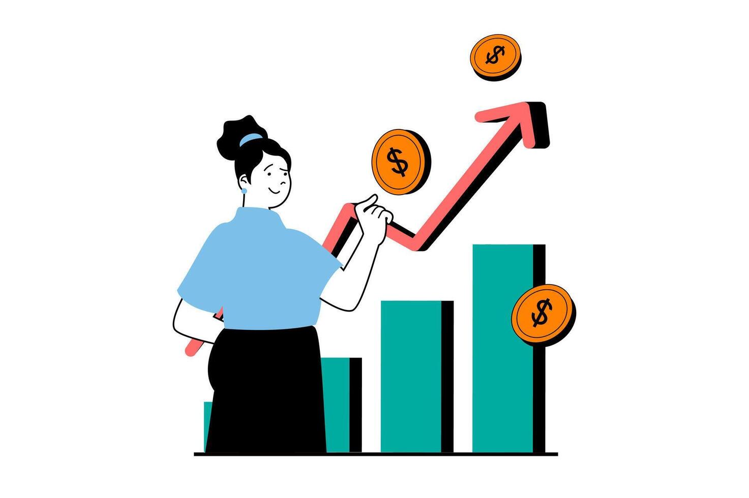 Finanzen Konzept mit Menschen Szene im eben Netz Design. Frau Entwicklung finanziell Strategie, verdienen profitieren und Analysieren Wachstum Diagramm. Vektor Illustration zum Sozial Medien Banner, Marketing Material.