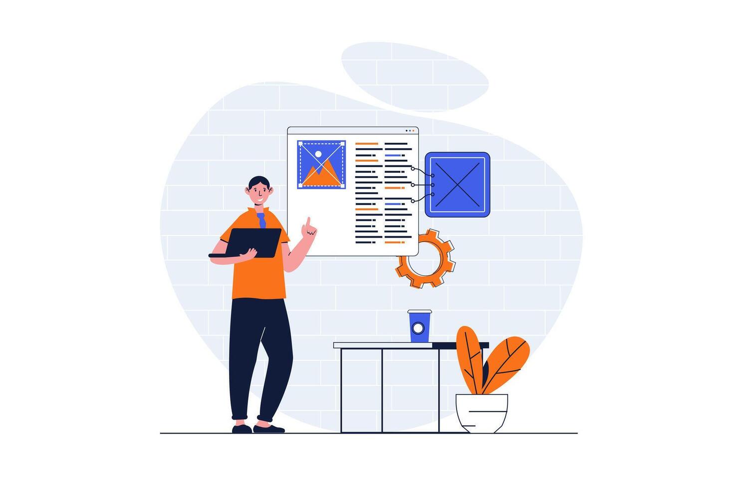 programmering webb begrepp med karaktär scen. man framställning program och skapande webbsida layout på plattform. människor situation i platt design. vektor illustration för social media marknadsföring material.