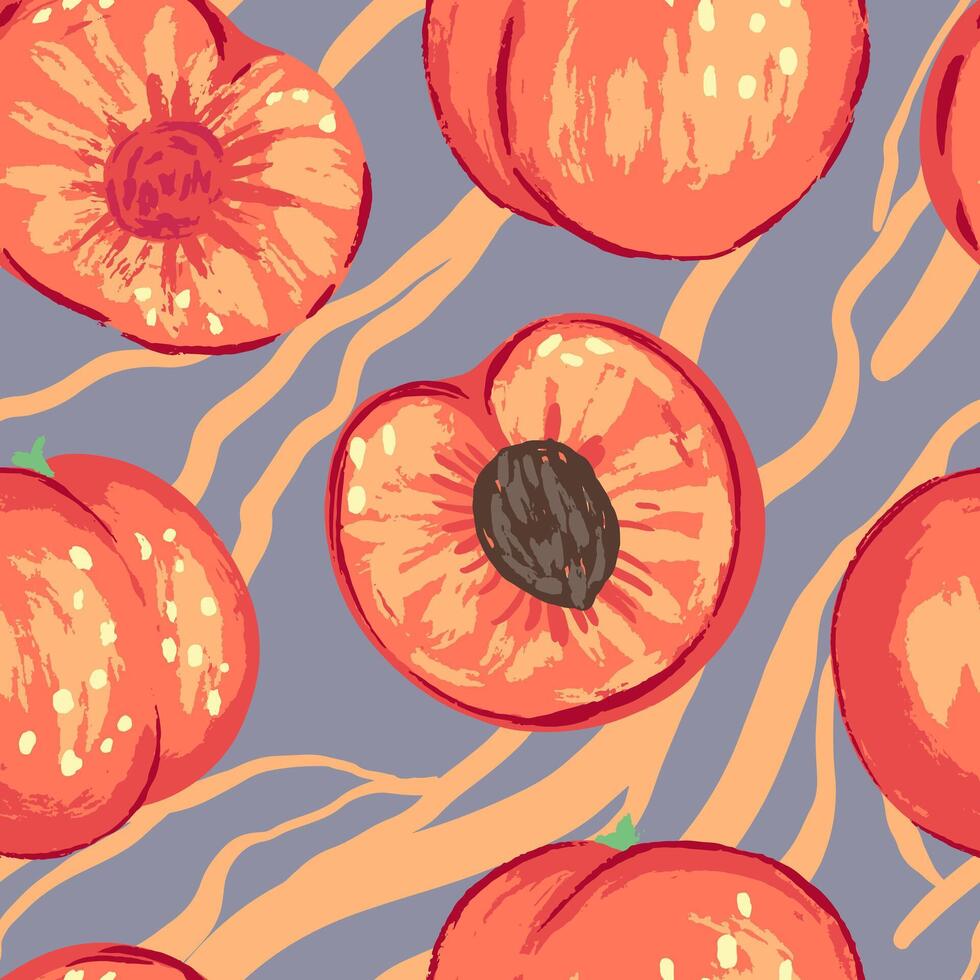 nahtlos Muster von Pfirsiche im modern Stil. Vektor Illustration von frisch lecker Früchte mit Blätter. hell zeitgenössisch Ornament. Design zum Dekor, Hintergrund, Hintergrund, Textil.