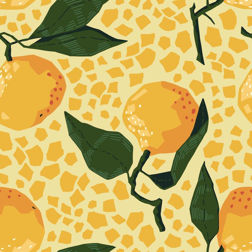 sömlös mönster av mandariner i modern geometrisk stil. vektor illustration av citrus- frukter. mandarin apelsiner abstrakt prydnad.