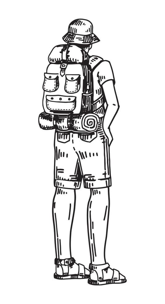 Reisender skizzieren, Tourist Clip Art. Gekritzel von Mann Gehen mit ein Rucksack. Hand gezeichnet Vektor Illustration im Gravur Stil.