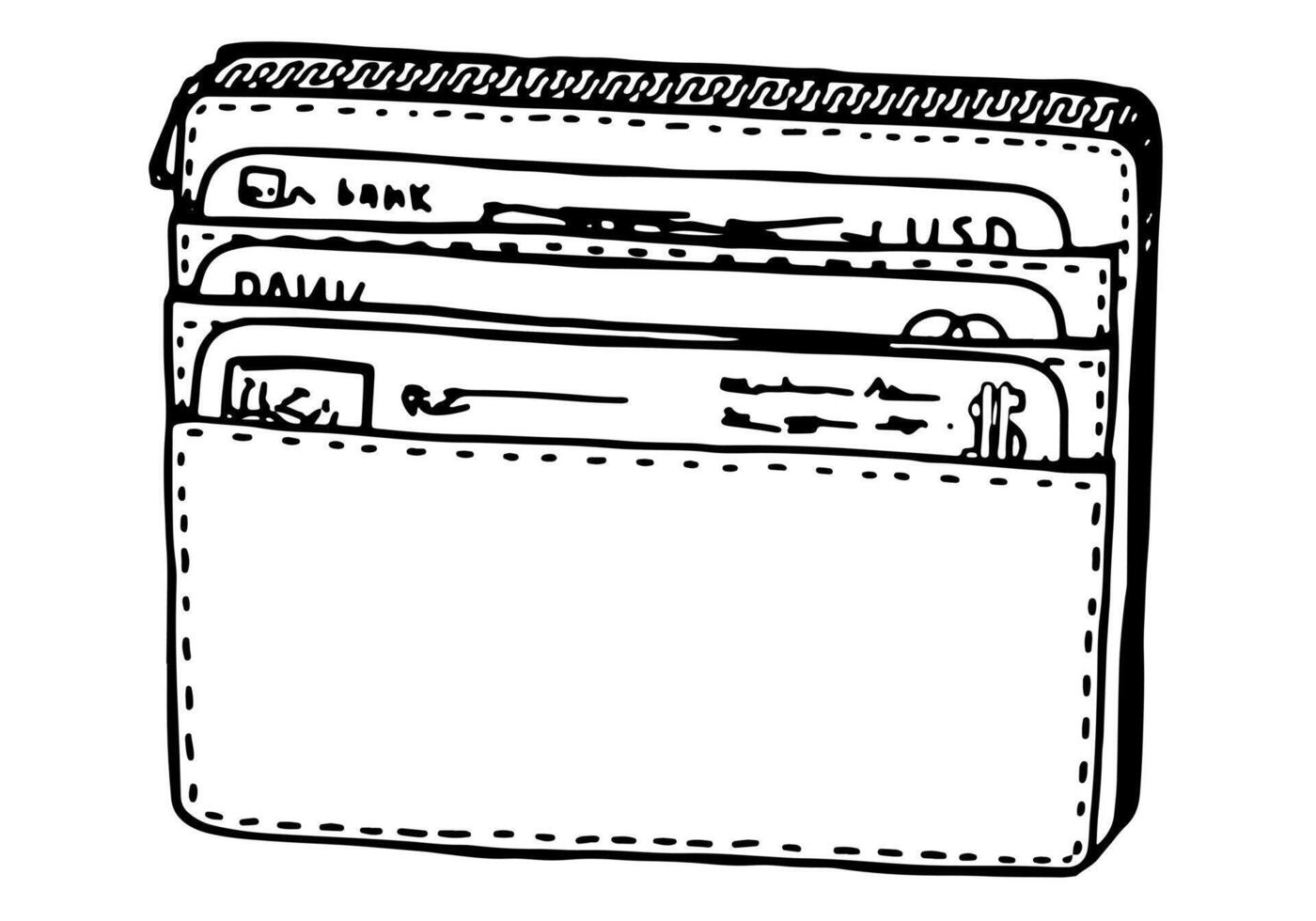 korthållare plånbok skiss. hand dragen vektor illustration av handväska, ficka hållare för pengar, plast kort. översikt ClipArt isolerat på vit bakgrund.