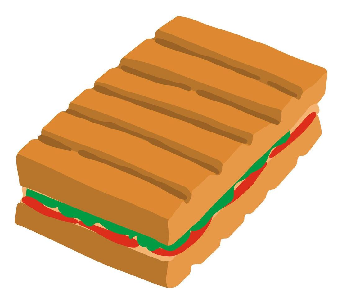 lecker Sandwich. Hand gezeichnet Vektor Illustration im eben Stil. Single schnell Essen Gekritzel. Karikatur Clip Art isoliert auf Weiß Hintergrund.