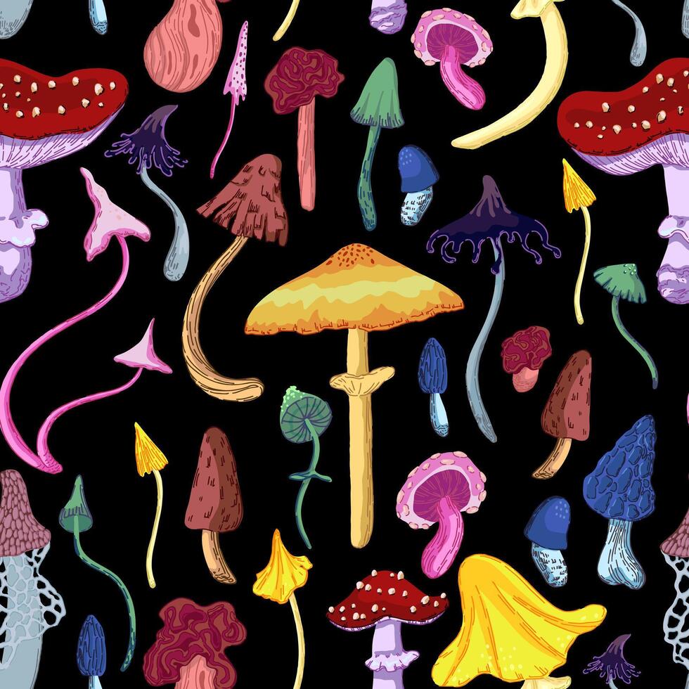 svamp sömlös mönster. prydnad av varierande giftig svamp. vektor illustration i modern stil. abstrakt design för tapet, dekor, slå in, bakgrund, textil.