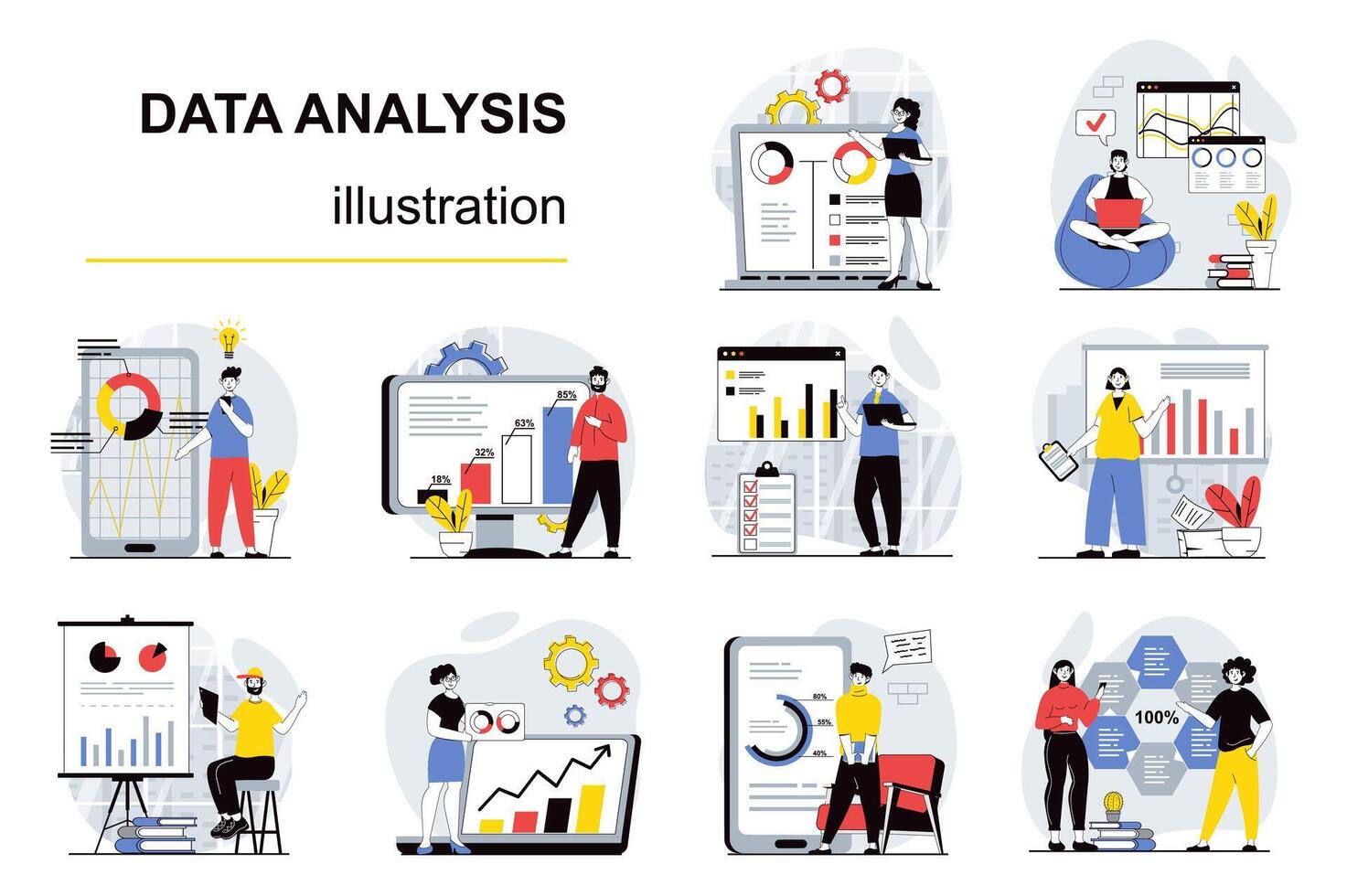 Daten Analyse Konzept mit Charakter Situationen Mega Satz. bündeln von Szenen Menschen Arbeiten mit Statistiken und Datum Diagramme, Herstellung Berichte auf Präsentation. Vektor Abbildungen im eben Netz Design