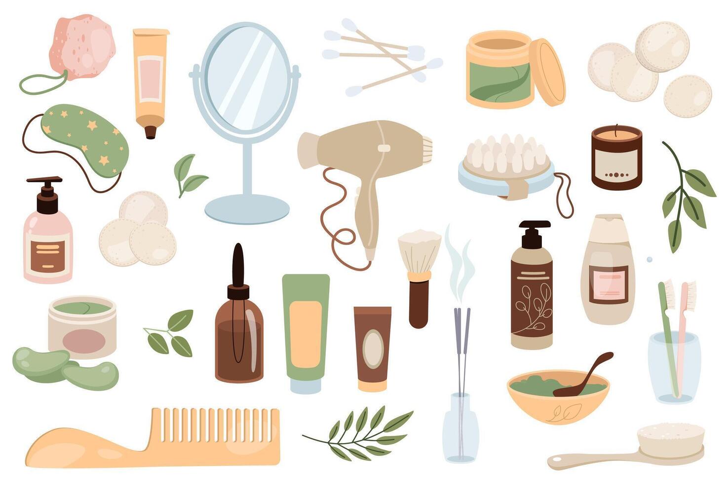 Badezimmer Artikel Mega einstellen Grafik Elemente im eben Design. bündeln von Cremes, Spiegel, Baumwolle Knospen, Kosmetika, Schlaf Maske, Lotion, Haar Trockner, Massage Bürste, andere. Vektor Illustration isoliert Objekte