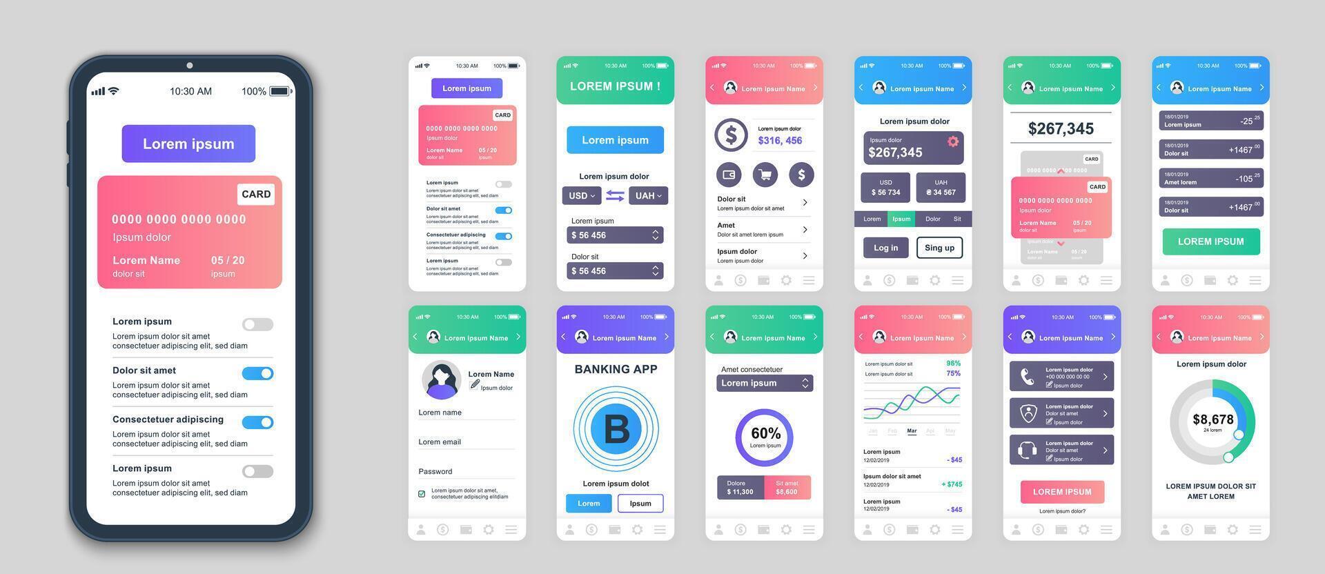 bank mobil app skärmar uppsättning för webb mallar. packa av kreditera kort information, finansiell förvaltning, uppkopplad betalningar meny. ui, ux, gui användare gränssnitt utrustning för mobiltelefon layouter. vektor design
