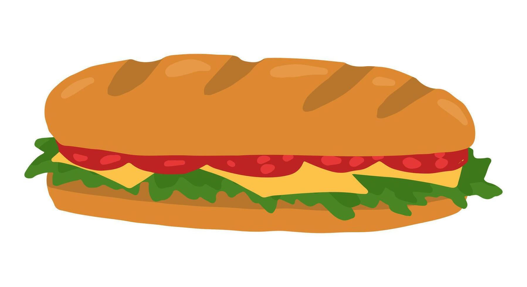 lecker Sandwich. Hand gezeichnet Vektor Illustration im eben Stil. Single schnell Essen Gekritzel. Karikatur Clip Art isoliert auf Weiß Hintergrund.