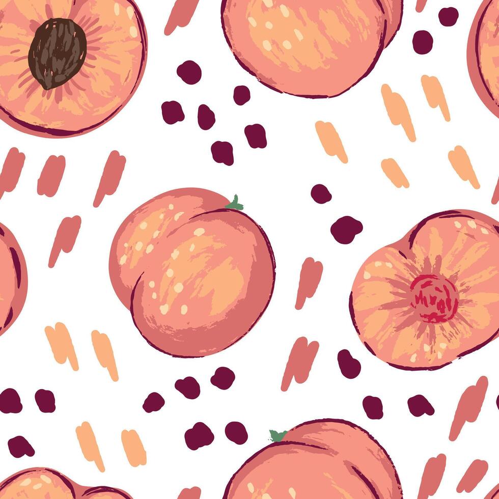 sömlös mönster av persikor i modern stil. vektor illustration av färsk gott frukt med löv. ljus samtida prydnad. design för dekor, tapet, bakgrund, textil.