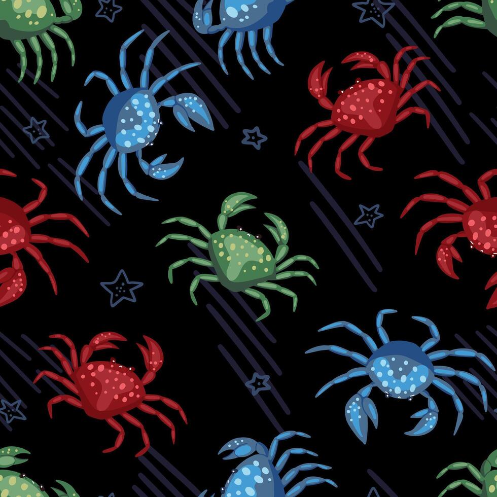 söt krabbor, snäckskal, sjöstjärna. abstrakt vektor sömlös mönster. färgad tecknad serie prydnad med hav djur. rolig design för skriva ut, tyg, textil, bakgrund, tapet, slå in, kort, dekor.