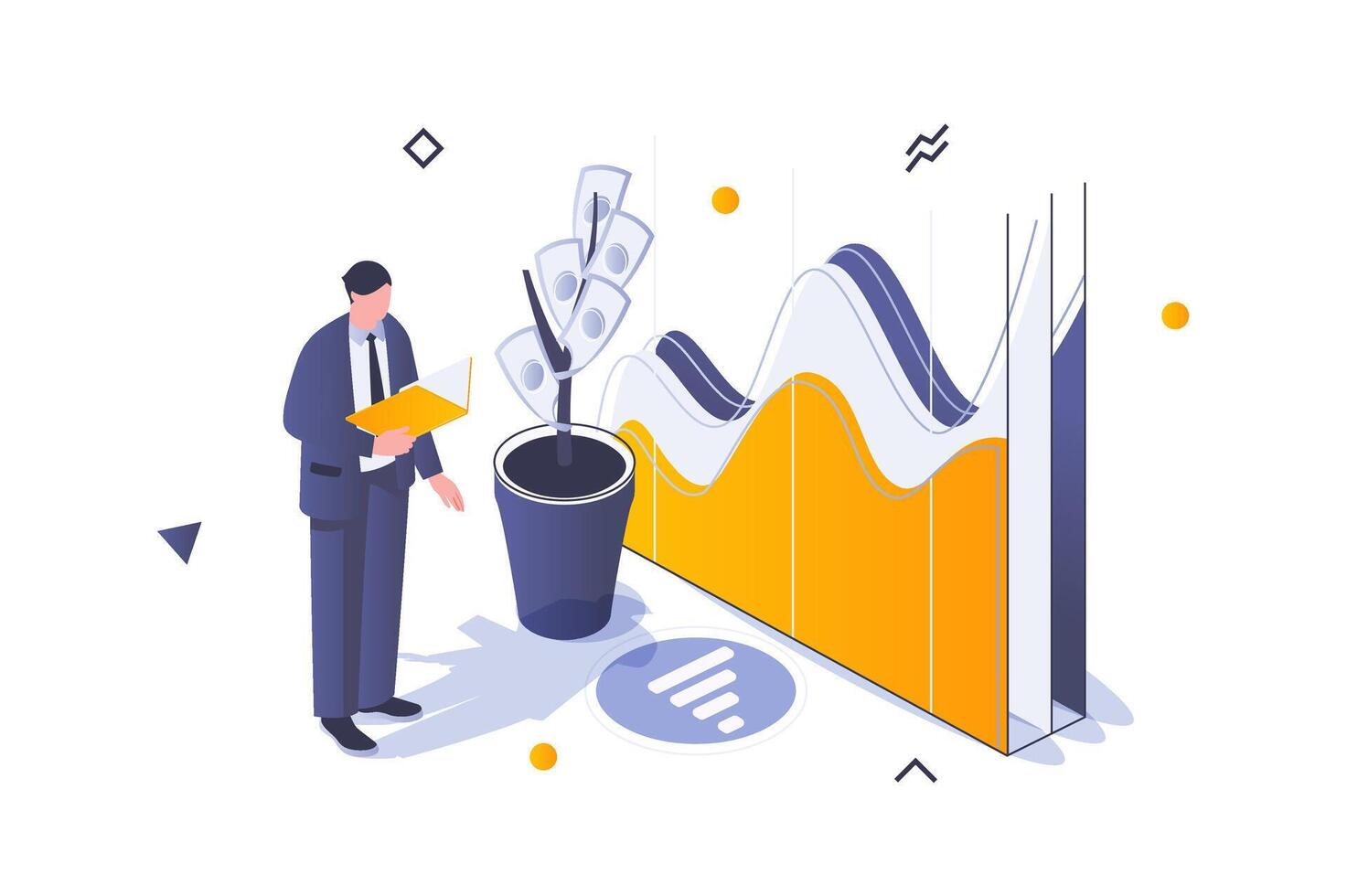 Geschäft Marketing Konzept im 3d isometrisch Design. Geschäftsmann Arbeiten mit Daten Diagramme, Buchhaltung Einnahmen, Unternehmen verdienen profitieren. Vektor Illustration mit isometrisch Menschen Szene zum Netz Grafik