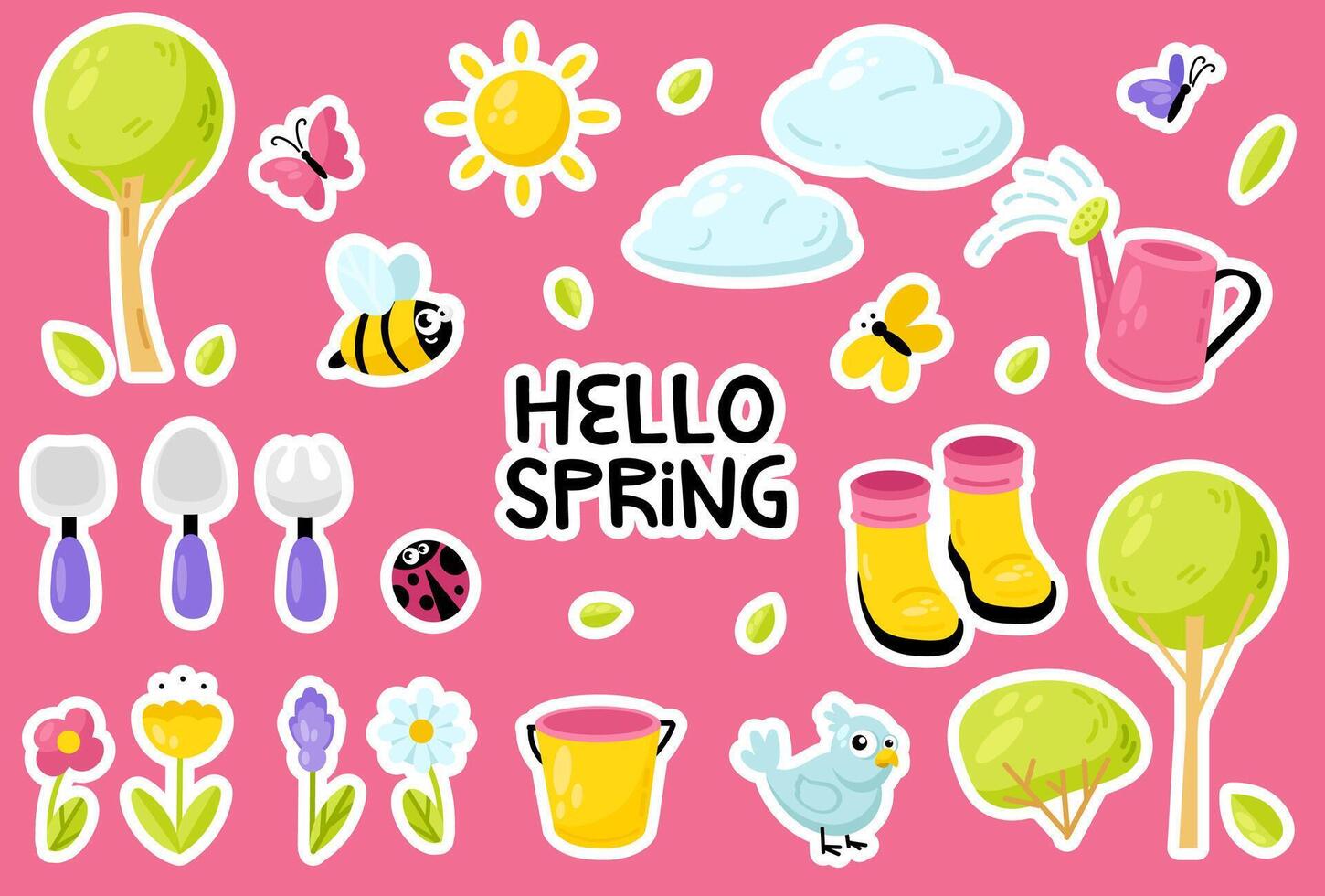 Hallo Frühling Element Satz. süß Hand gezeichnet Vektor Aufkleber einstellen mit Blumen, Schmetterlinge, Gummi Stiefel