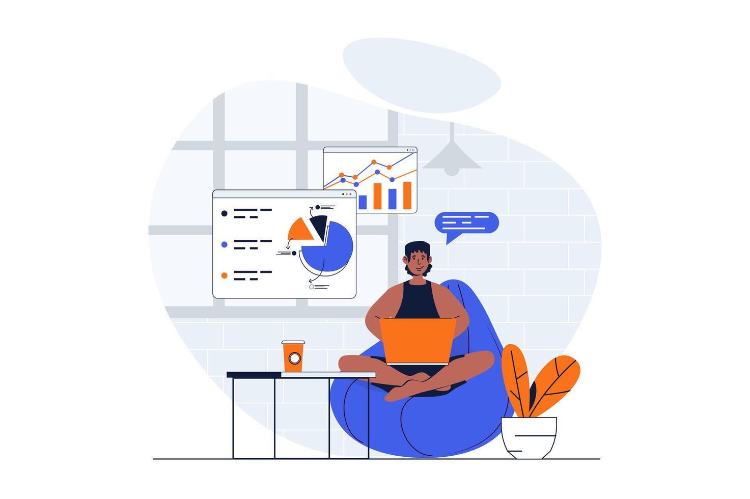 frilans arbetssätt webb begrepp med karaktär scen. man framställning data Rapportera medan Sammanträde i stol på Hem. människor situation i platt design. vektor illustration för social media marknadsföring material.