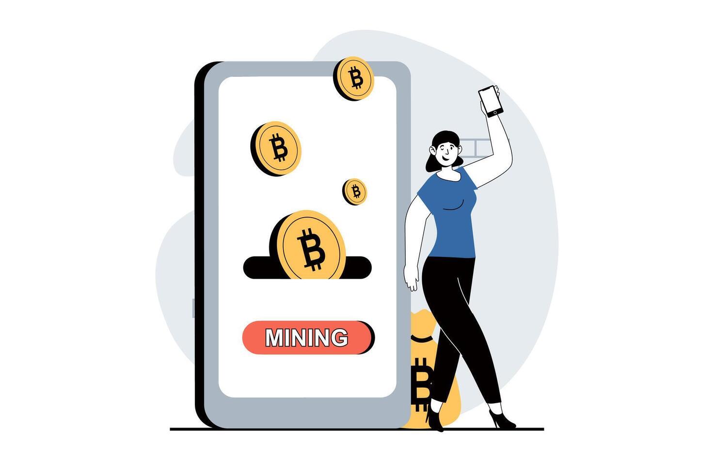 Kryptowährung Bergbau Konzept mit Menschen Szene im eben Design zum Netz. Frau Bergbau Bitcoins und Überwachung Prozess beim Handy, Mobiltelefon App. Vektor Illustration zum Sozial Medien Banner, Marketing Material.