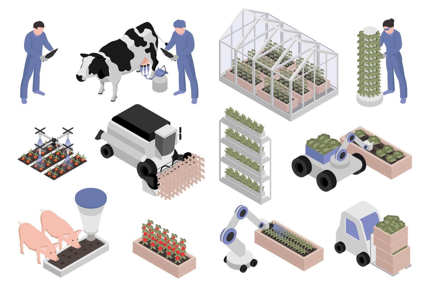 Gewächshaus Landwirtschaft isometrisch Elemente Konstrukteur Mega Satz. Schöpfer Kit mit eben Grafik Bauern, Vieh, Clever Pflanzen Automatisierung Maschinen, Ernte. Vektor Illustration im 3d Isometrie Design