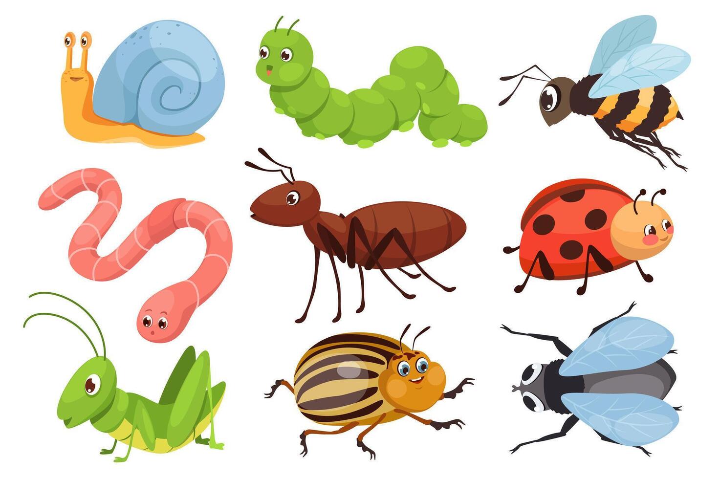 süß Insekten Mega einstellen im Grafik eben Design. bündeln Elemente von komisch Maskottchen, Schnecke, Raupe, Biene, Wurm, Ameise, Marienkäfer, Heuschrecke, Colorado, Käfer, Fliege. Vektor Illustration isoliert Objekte