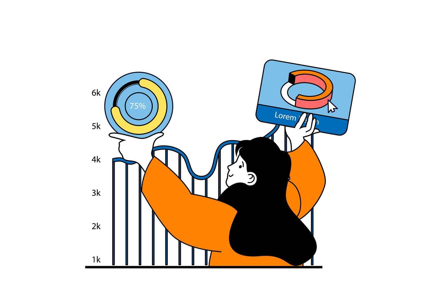 digital marknadsföring begrepp med människor scen i platt webb design. kvinna analyserar tillväxt diagram statistik av e-handel företag. vektor illustration för social media baner, marknadsföring material.